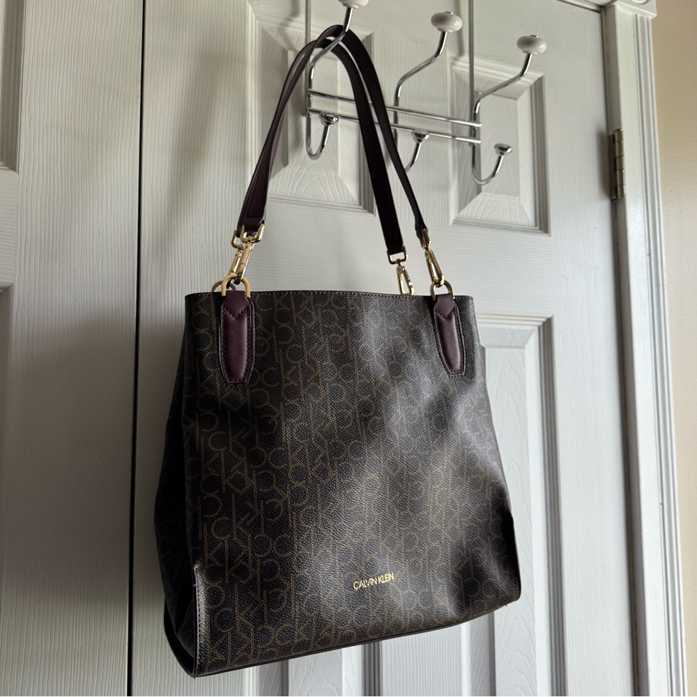 calvin klein logo burgundy and brown shoulder bag purse